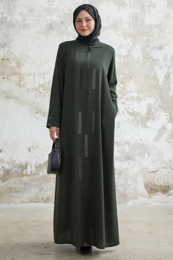Khaki Abaya with Hidden Placket and Stones