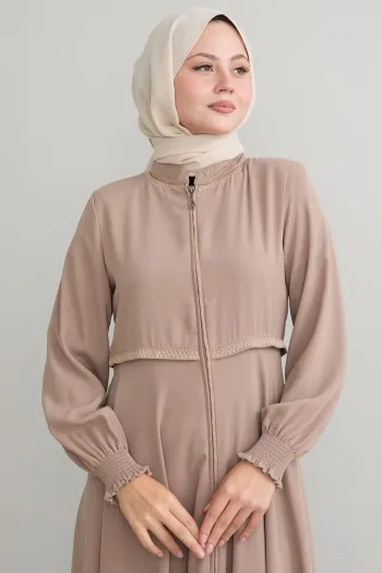 Embroidered Mevlana Fabric Beige Abaya