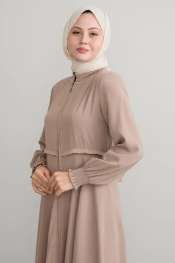 Embroidered Mevlana Fabric Beige Abaya