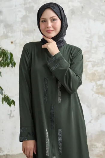 Khaki Abaya with Hidden Placket and Stones