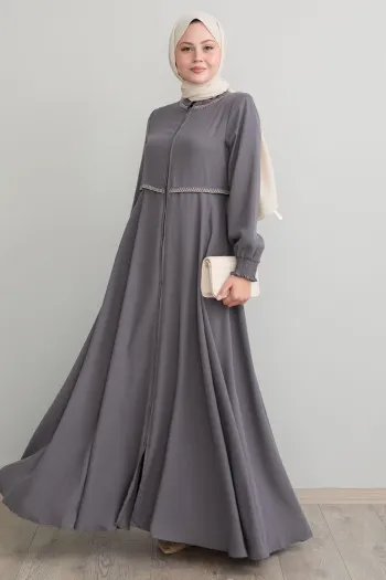 Embroidered Mevlana Fabric Gray Abaya