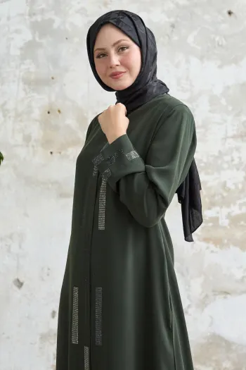 Khaki Abaya with Hidden Placket and Stones