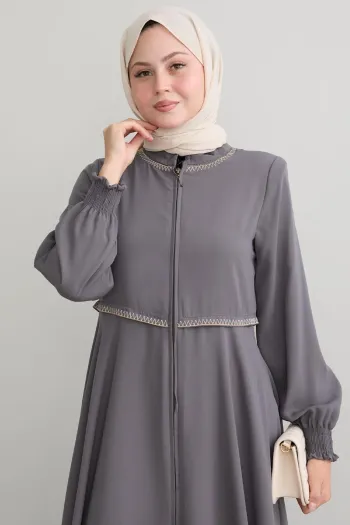 Embroidered Mevlana Fabric Gray Abaya