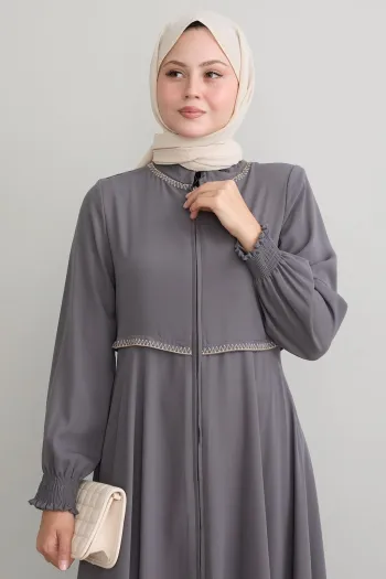 Embroidered Mevlana Fabric Gray Abaya