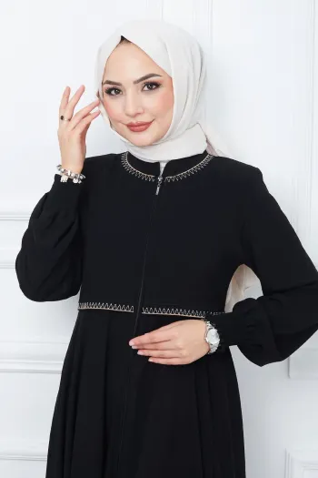 Embroidered Mevlana Fabric Black Abaya