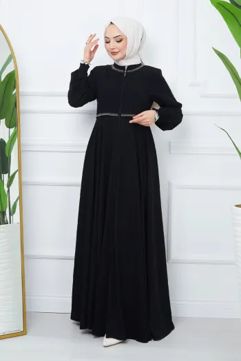 Embroidered Mevlana Fabric Black Abaya