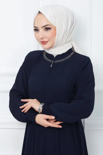 Embroidered Mevlana Fabric Navy Blue Abaya