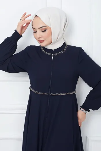 Embroidered Mevlana Fabric Navy Blue Abaya