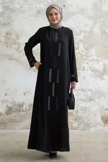 Black Abaya with Hidden Placket and Stones