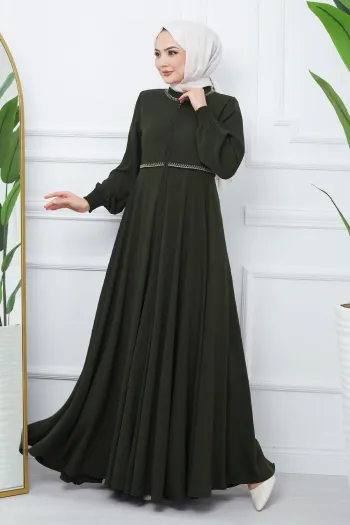 Embroidered Mevlana Fabric Khaki Abaya