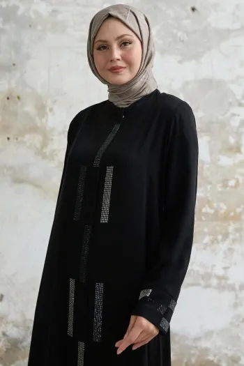 Black Abaya with Hidden Placket and Stones