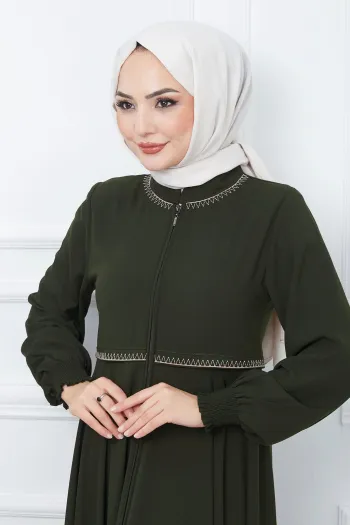 Embroidered Mevlana Fabric Khaki Abaya
