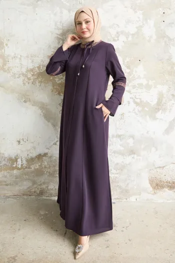 Lace Detail Embroidered Plum Abaya