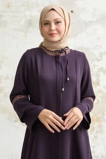 Lace Detail Embroidered Plum Abaya