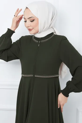Embroidered Mevlana Fabric Khaki Abaya