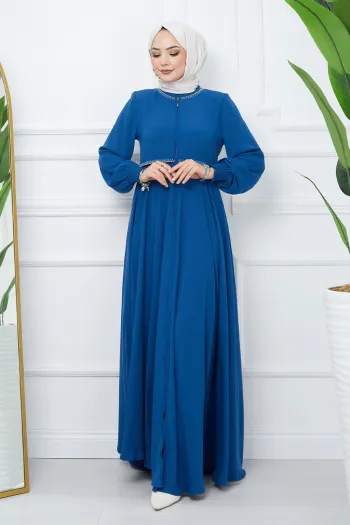 Embroidered Mevlana Fabric Indigo Abaya