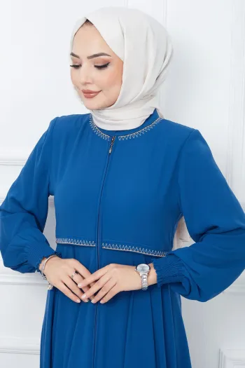 Embroidered Mevlana Fabric Indigo Abaya