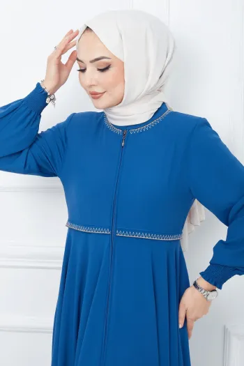 Embroidered Mevlana Fabric Indigo Abaya
