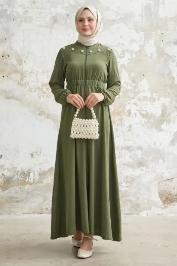 Elastic Khaki Abaya with Flower Pearl Robe