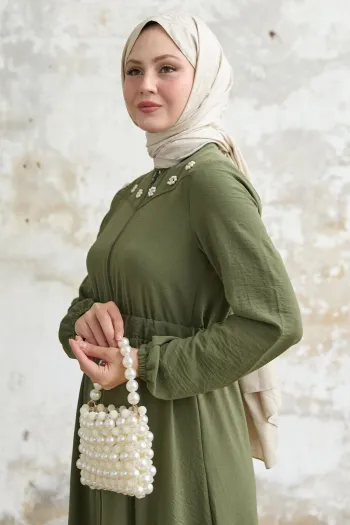 Elastic Khaki Abaya with Flower Pearl Robe