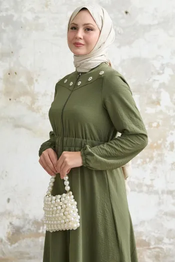 Elastic Khaki Abaya with Flower Pearl Robe
