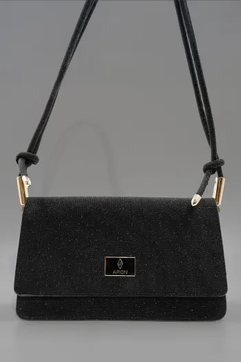 Stylish Women&#39;s Bag with Emblem, Glittery Black
