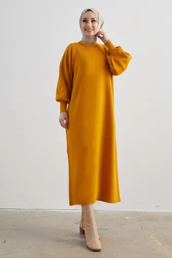 Mina Stylish Balloon Sleeve Knit Dress in Mustard Yellow