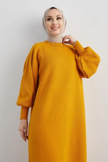 Mina Stylish Balloon Sleeve Knit Dress in Mustard Yellow