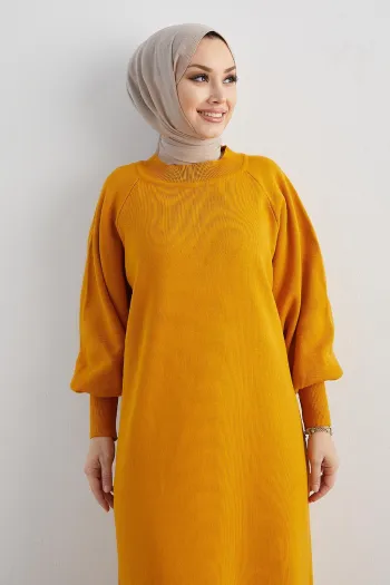 Mina Stylish Balloon Sleeve Knit Dress in Mustard Yellow