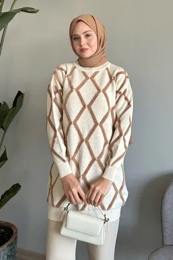 Beige Striped Sweater with Pearl Details