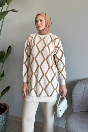 Beige Striped Sweater with Pearl Details