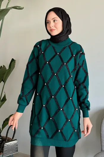 Green Sweater with Sheen Featuring Striped Trim