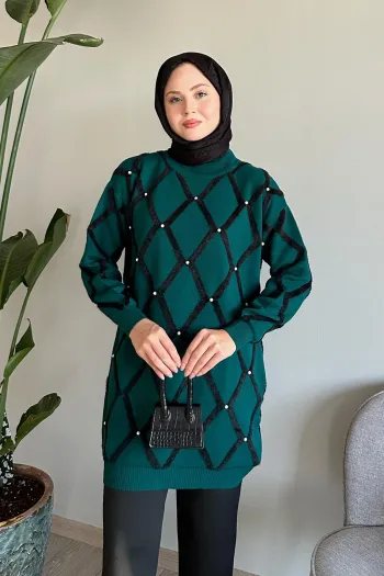 Green Sweater with Sheen Featuring Striped Trim
