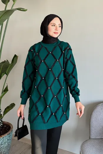 Green Sweater with Sheen Featuring Striped Trim