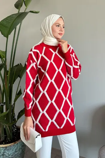 Red Knitted Sweater with Striped Pearl Details
