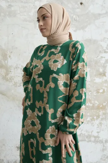 Green Viscose Dress with Abstract Pattern