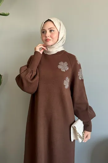 Brown Knit Dress with Floral Stone Puff Sleeves