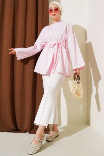 Pink Knitted Belted Kimono