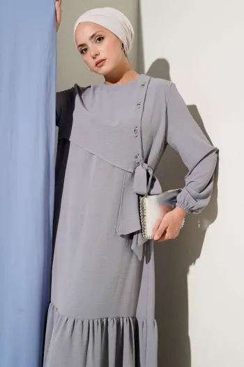 Tied Dress with Stoned Bird Eye Detail in Gray