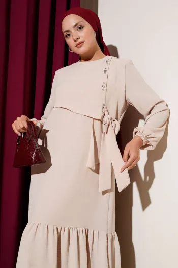 Beige Lace Dress with Eyelet Detail and Stones
