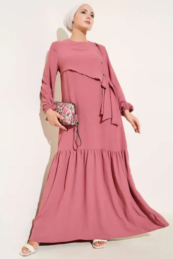 Tied Dress with Stoned Bird Eye Detail, Dusty Rose