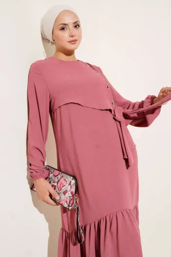 Tied Dress with Stoned Bird Eye Detail, Dusty Rose