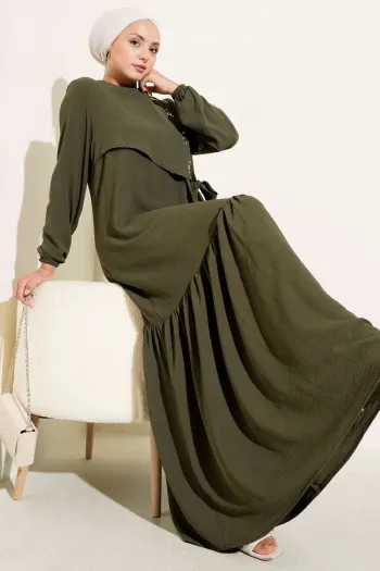 Tied Dress with Stoned Bird Eye Detail Khaki