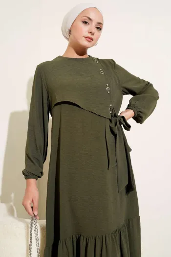 Tied Dress with Stoned Bird Eye Detail Khaki