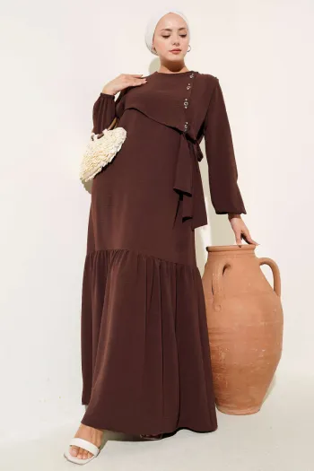 Tied Dress with Stoned Bird Eye Detail, Brown