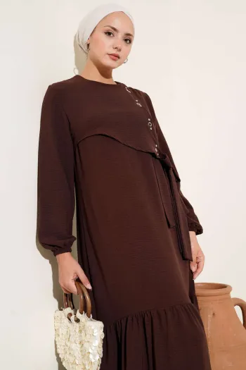 Tied Dress with Stoned Bird Eye Detail, Brown