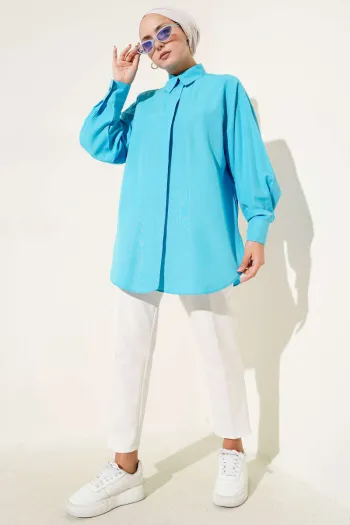 Basic Hidden Button Shirt Turquoise