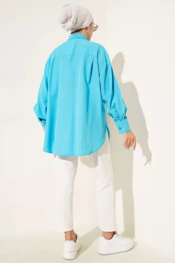 Basic Hidden Button Shirt Turquoise