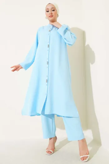 Long Tunic Two-Piece Set with Stone Detail on the Front Baby Blue