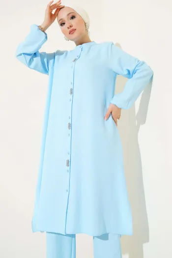 Long Tunic Two-Piece Set with Stone Detail on the Front Baby Blue